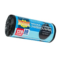 Мешки для мусора 120 л, с ушками, черные, в рулоне 30 шт., ПНД, 15 мкм, 1100х700 мм, Крепак, 4607075710375 в Брянске